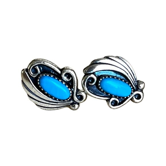 Turquoise Earrings, Vintage Sterling Silver Native American Stud Post Earrings - Picture 1 of 6